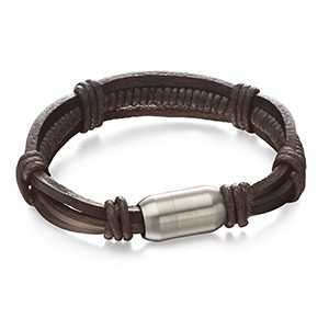 Fred Bennett Stainless Steel & Multi-Strand Brown Leather Bracelet